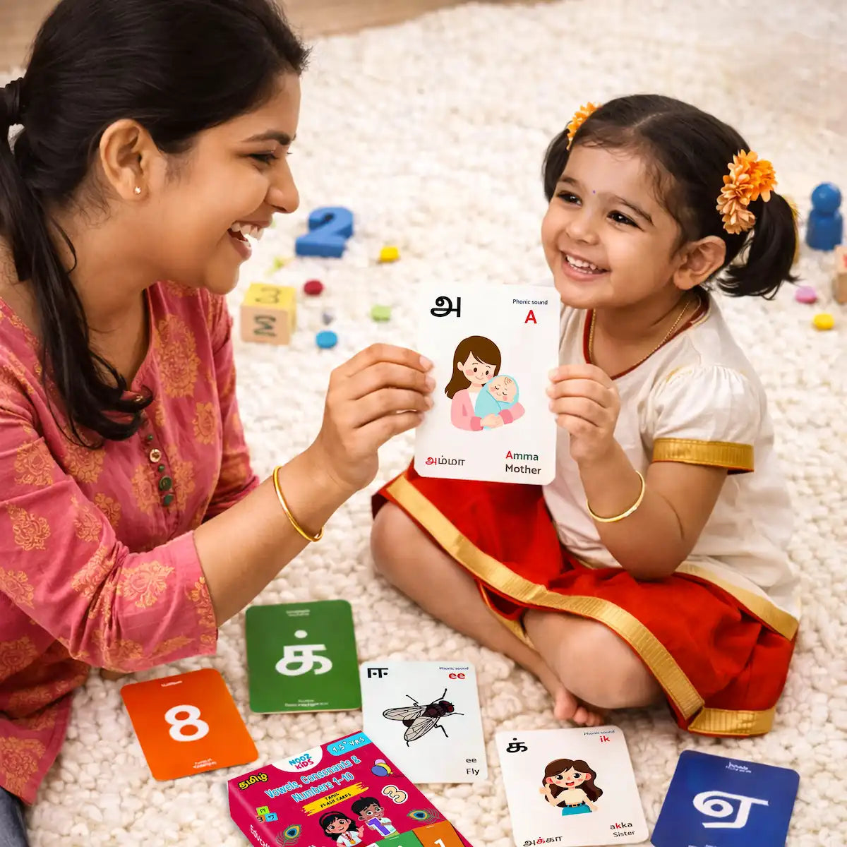 Woman and child playing with educational cards on a carpeted floor