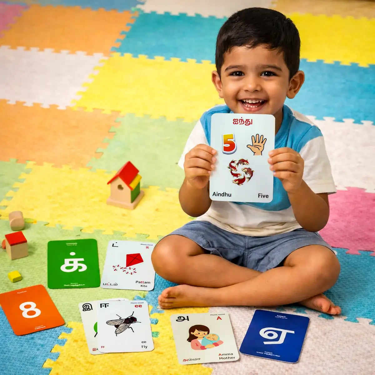 Child holding a card with the number 5 on a colorful mat