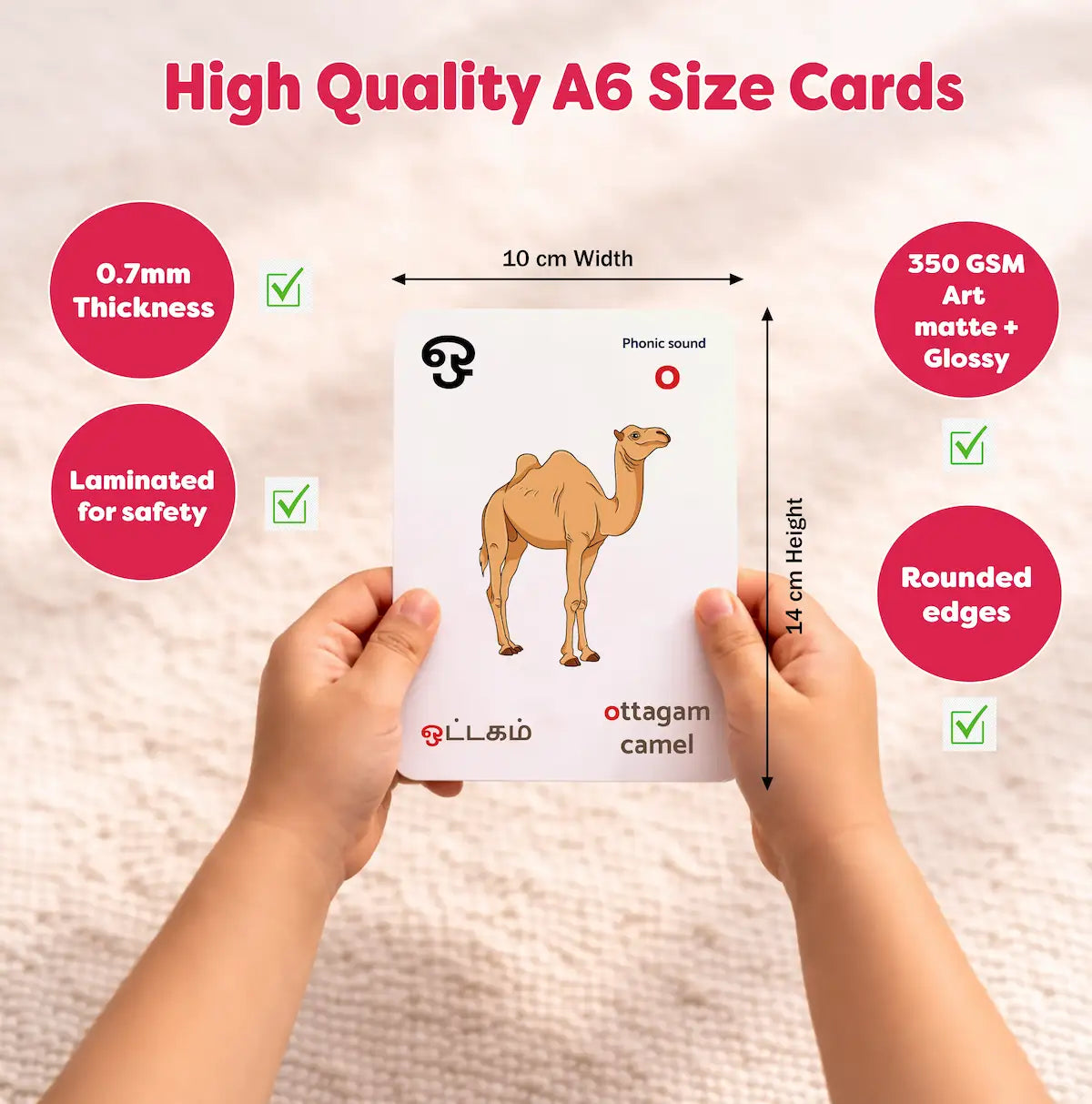 High quality A6 size card with a camel illustration held by hands on a textured surface.