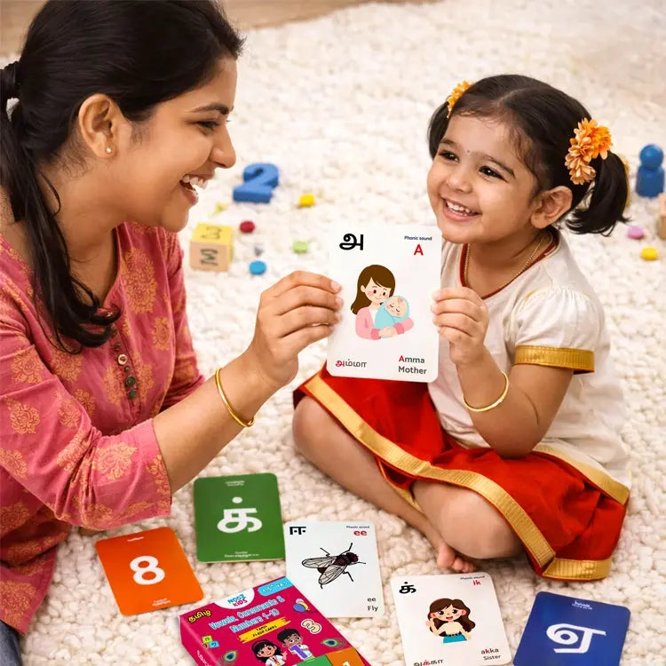 Woman and child playing with educational cards on a carpeted floor.