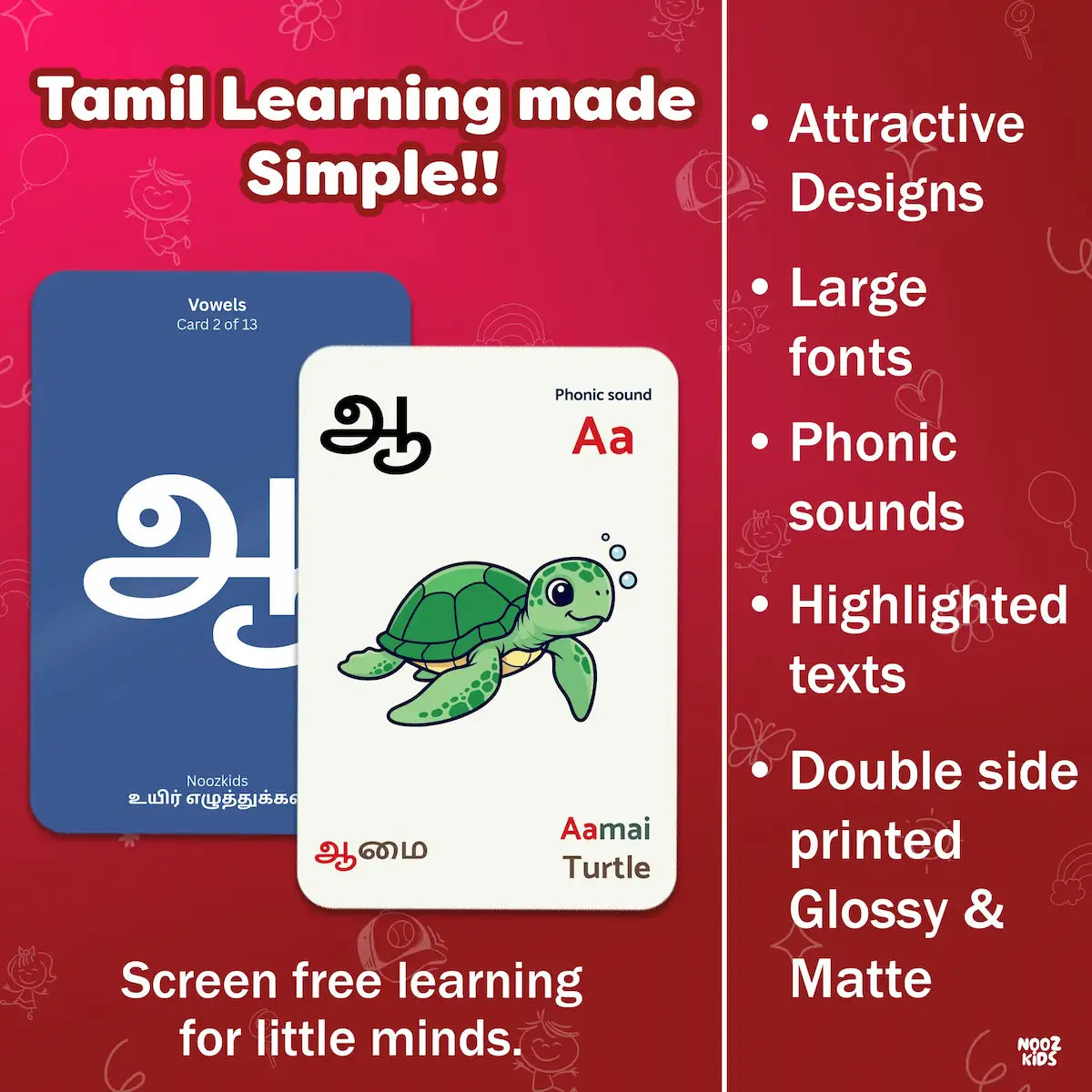Educational cards for Tamil learning with a turtle illustration on a red background.